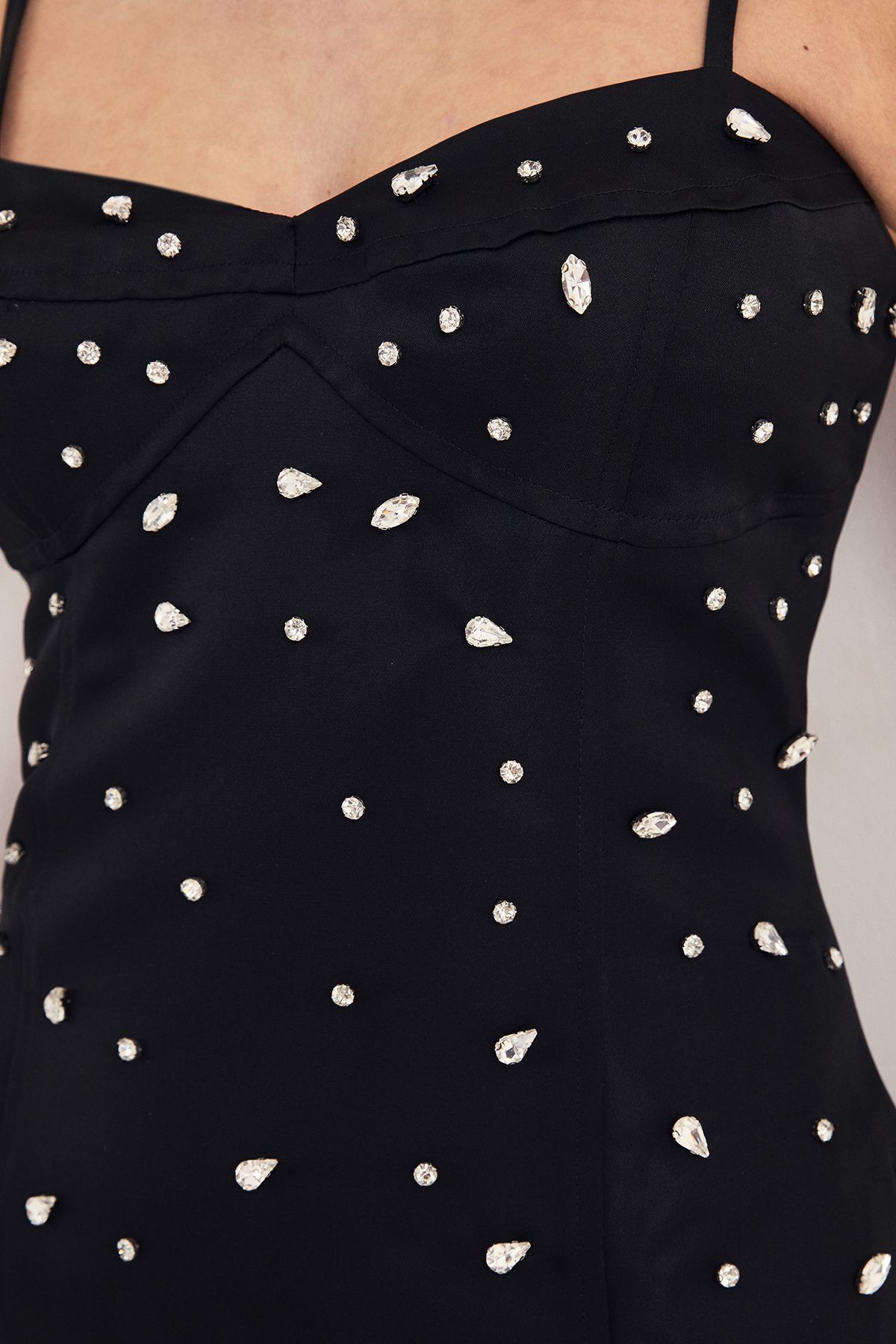 NastyGal Satin Panelled Diamante Strappy Mini Dress Black image 3