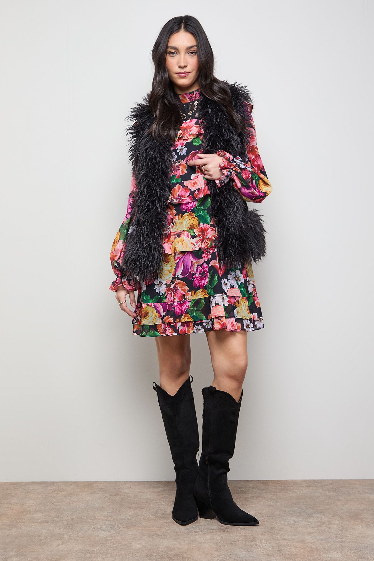 Oasis Printed Chiffon Lace Detail Tiered Long Sleeve Mini Dress Multi