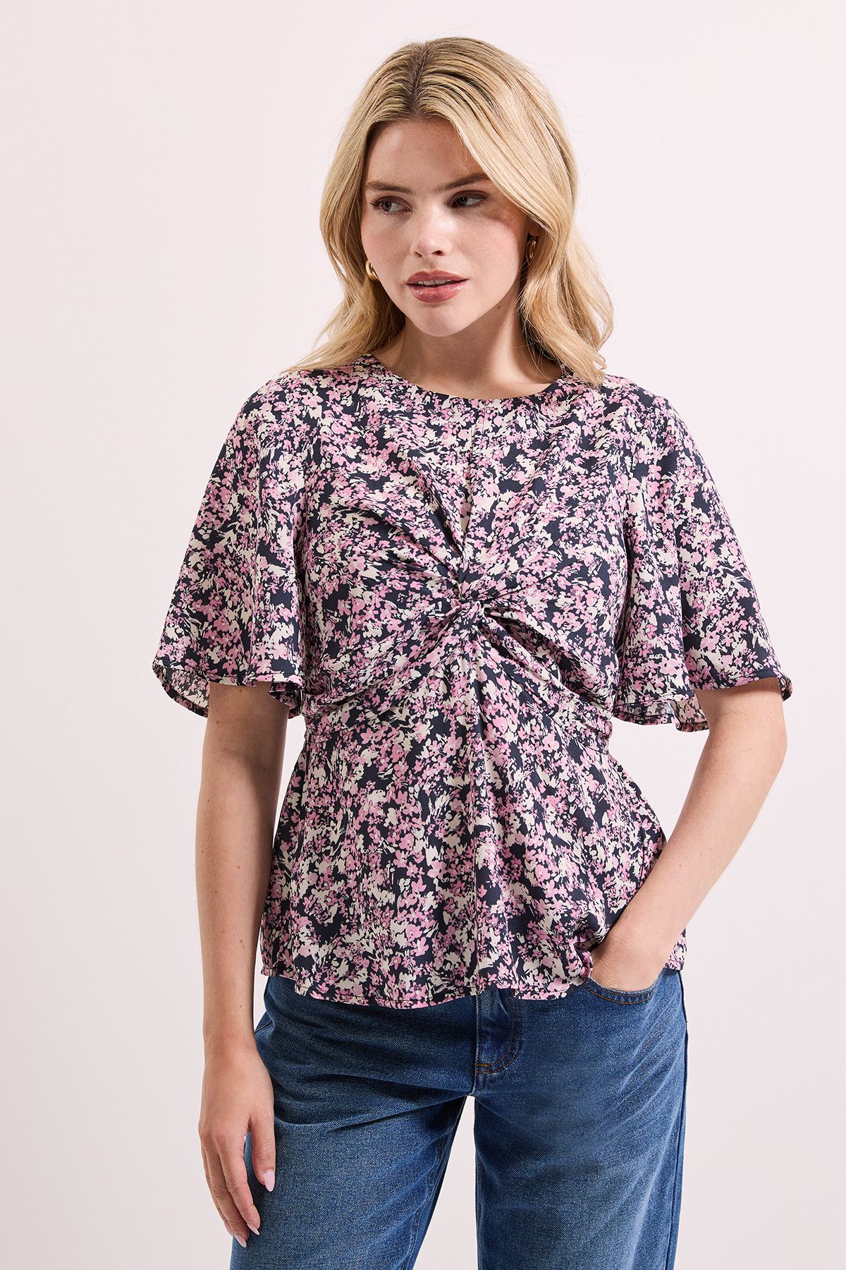 Dorothy Perkins Pink Floral Twist Front Angel Sleeve Top Floral image 2