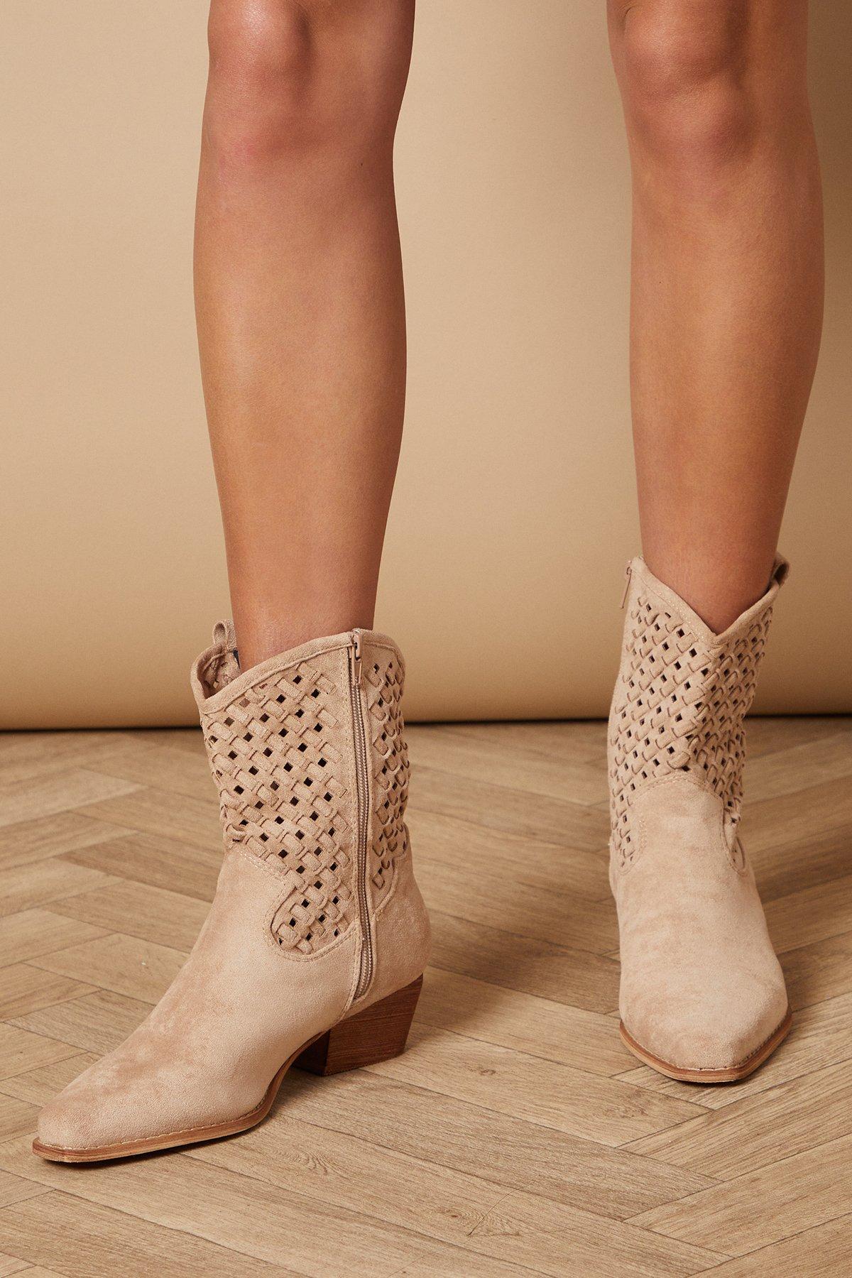 Oasis Avalina Faux Suede Chisel Toe Lattice Detail Western Cowboy Ankle Boots Beige image 1