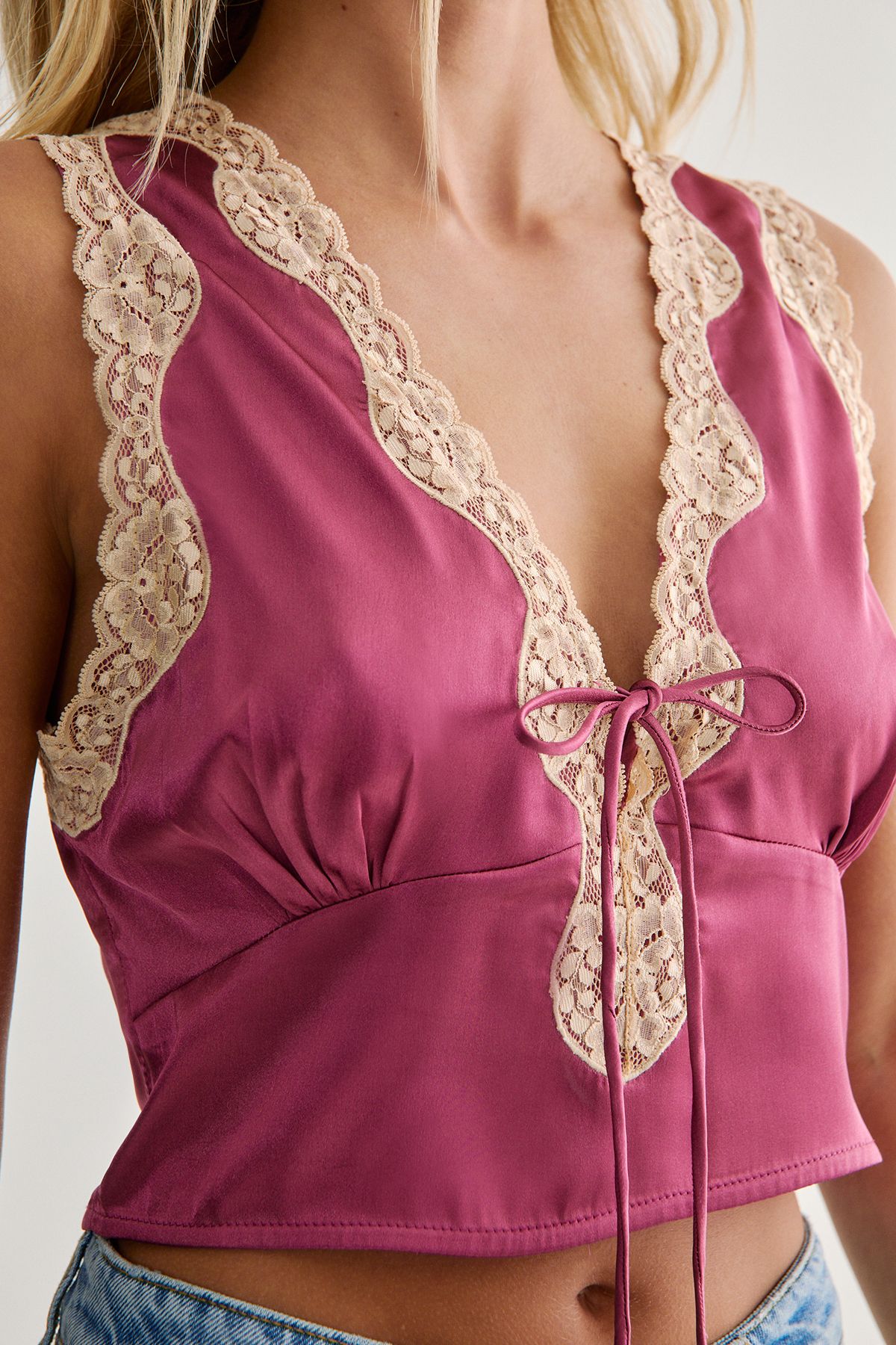 NastyGal Contrast Lace Tie Detail Satin Top Berry image 3