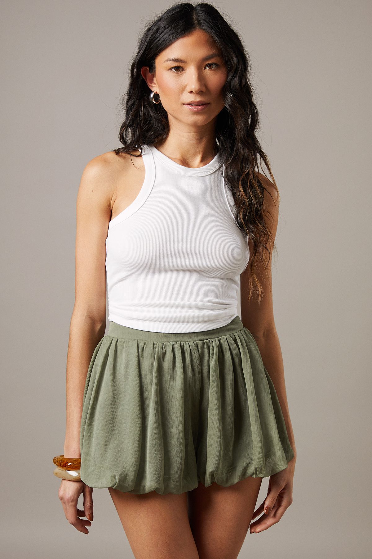 Warehouse Chiffon Bubble Hem Micro Short Khaki image 1