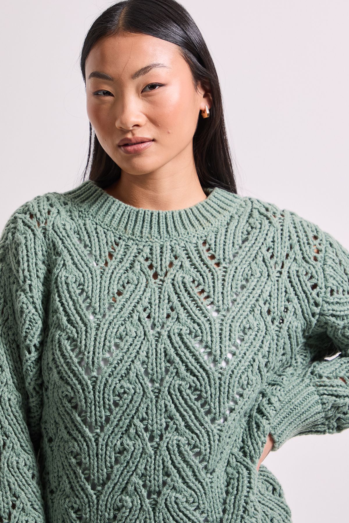 Dorothy Perkins Petite Cable Pointelle Crew Neck Jumper Sage image 4