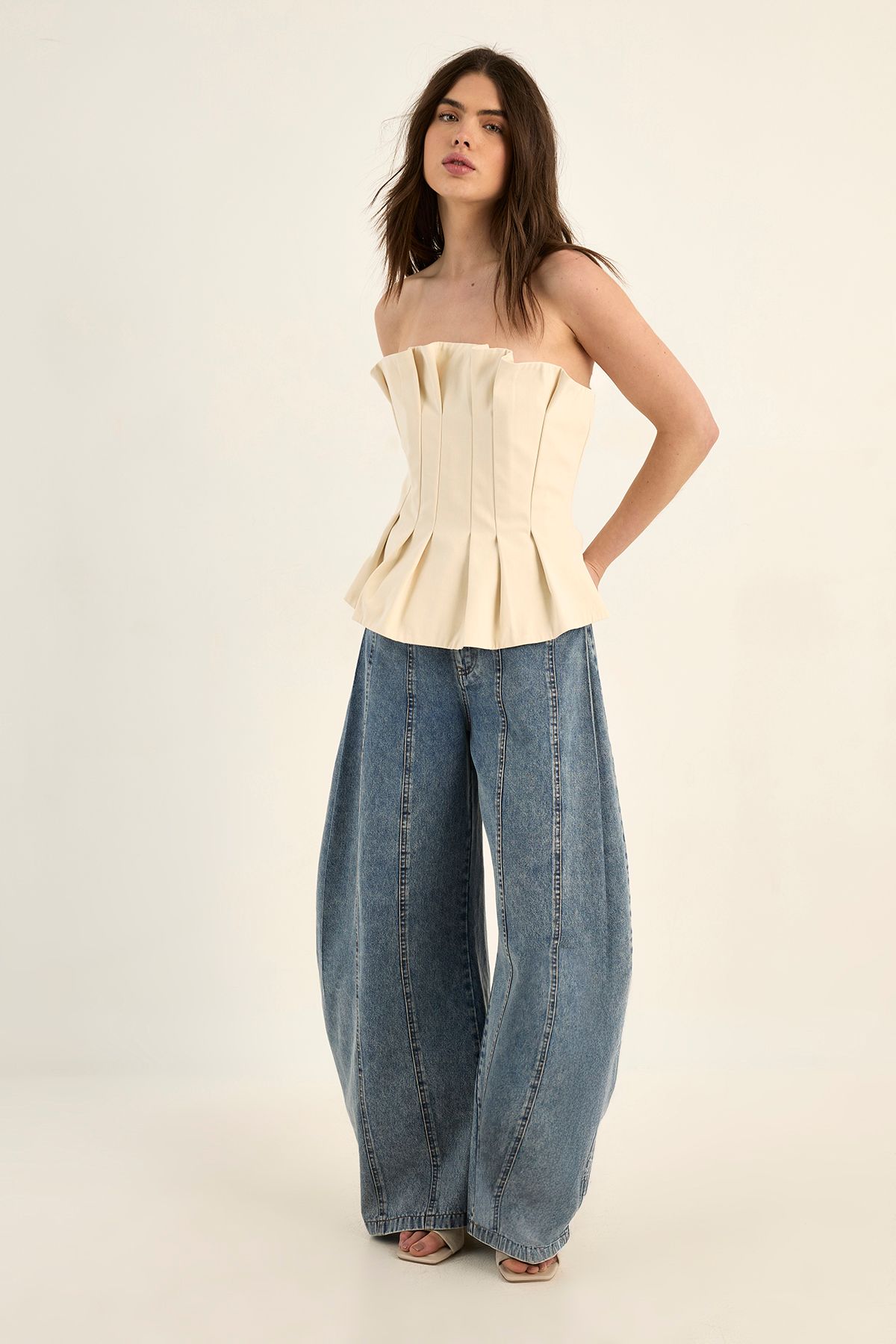 NastyGal Tailored Pleated Strapless Top Ivory image 2