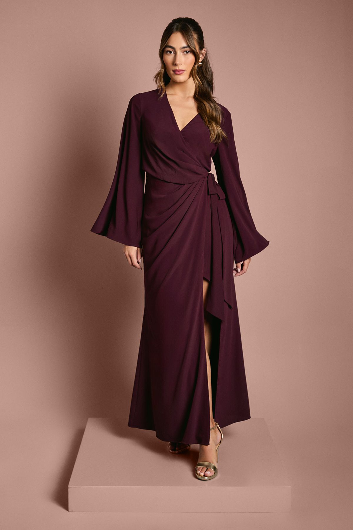 Coast Wrap Waist Crepe Long Sleeve Bridesmaid Dress Fig