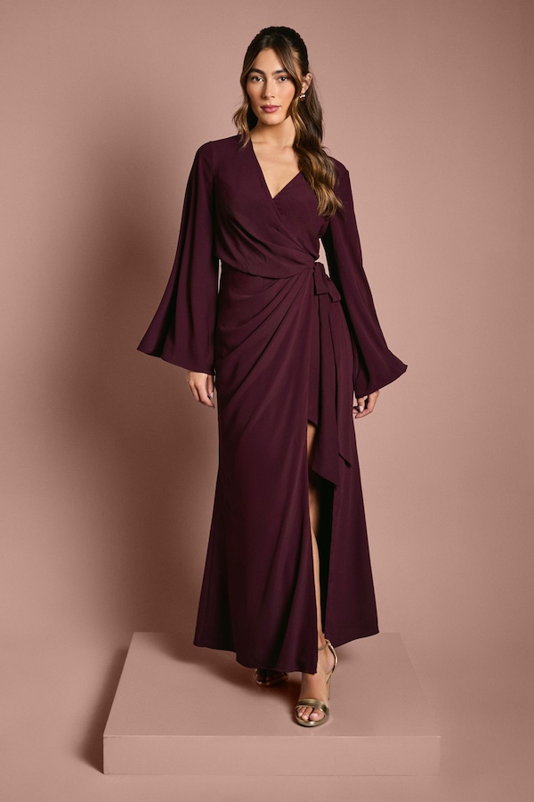 Coast Wrap Waist Crepe Long Sleeve Bridesmaid Dress Fig