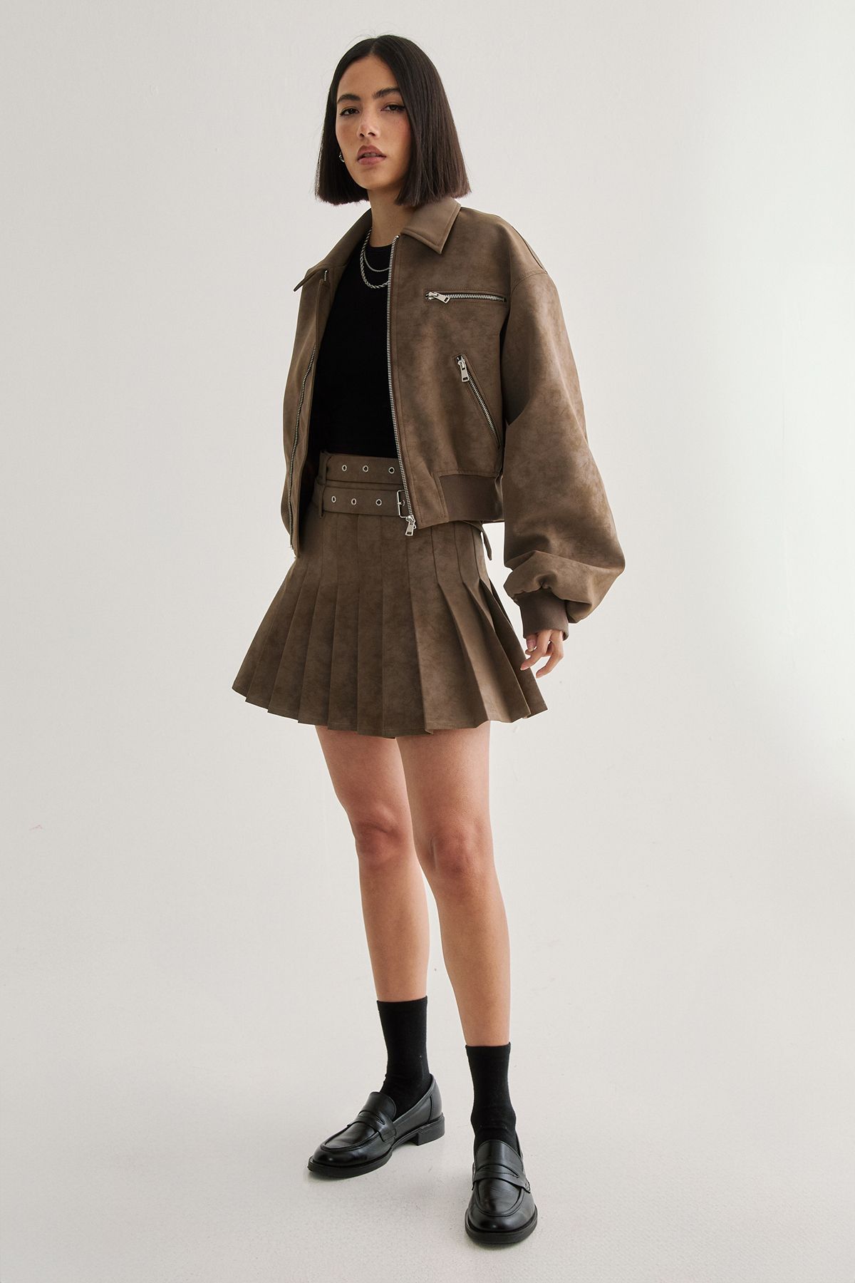 NastyGal Distressed Faux Leather Bomber Jacket Brown image 2