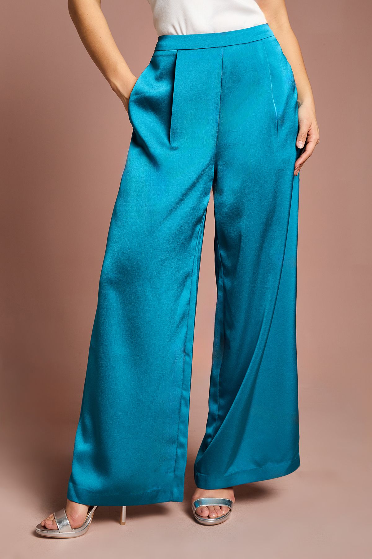 Coast Petite Satin Flare Trouser Teal