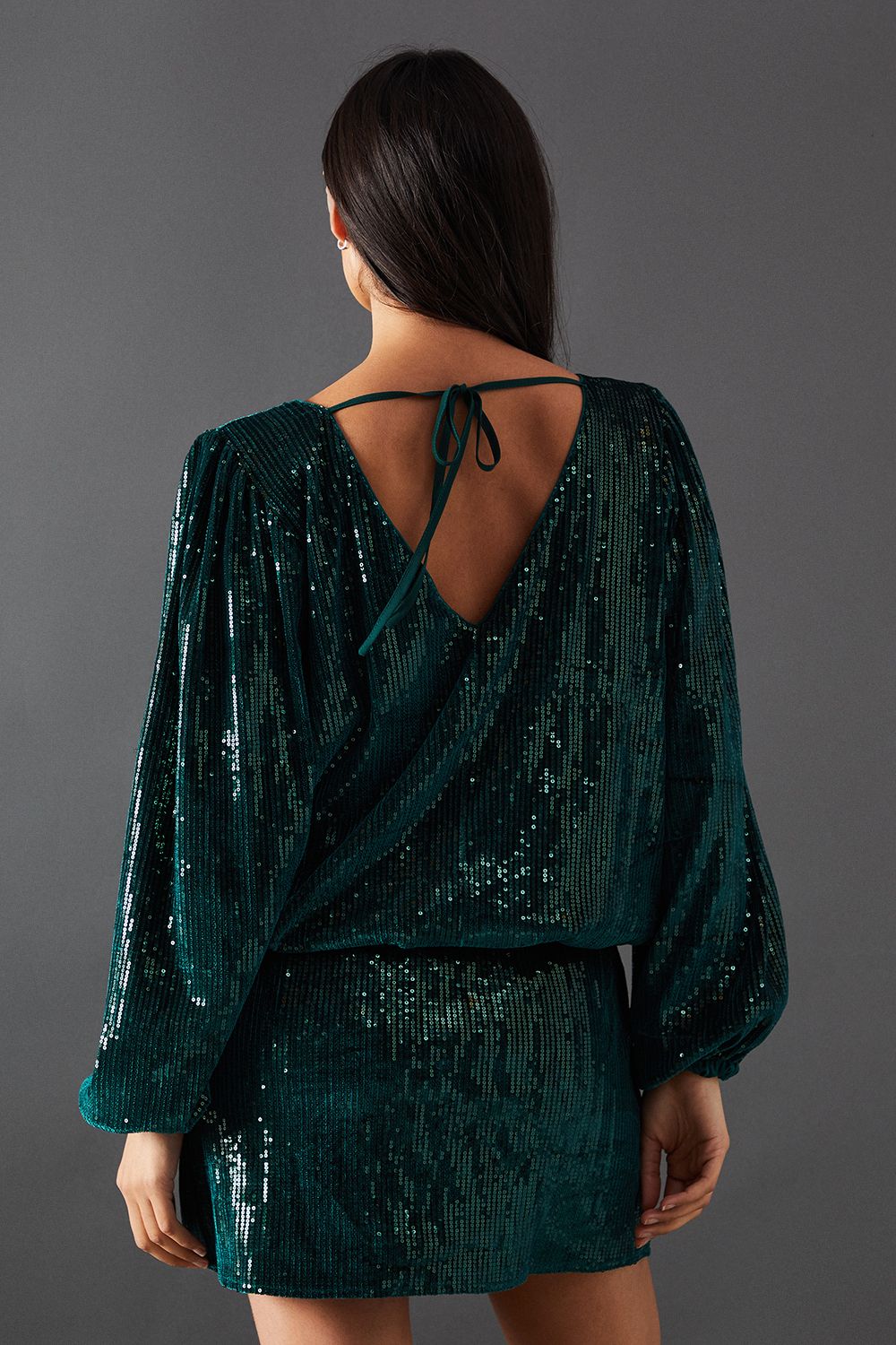 Warehouse Velvet Sequin Blouson Long Sleeve Mini Dress Green image 3