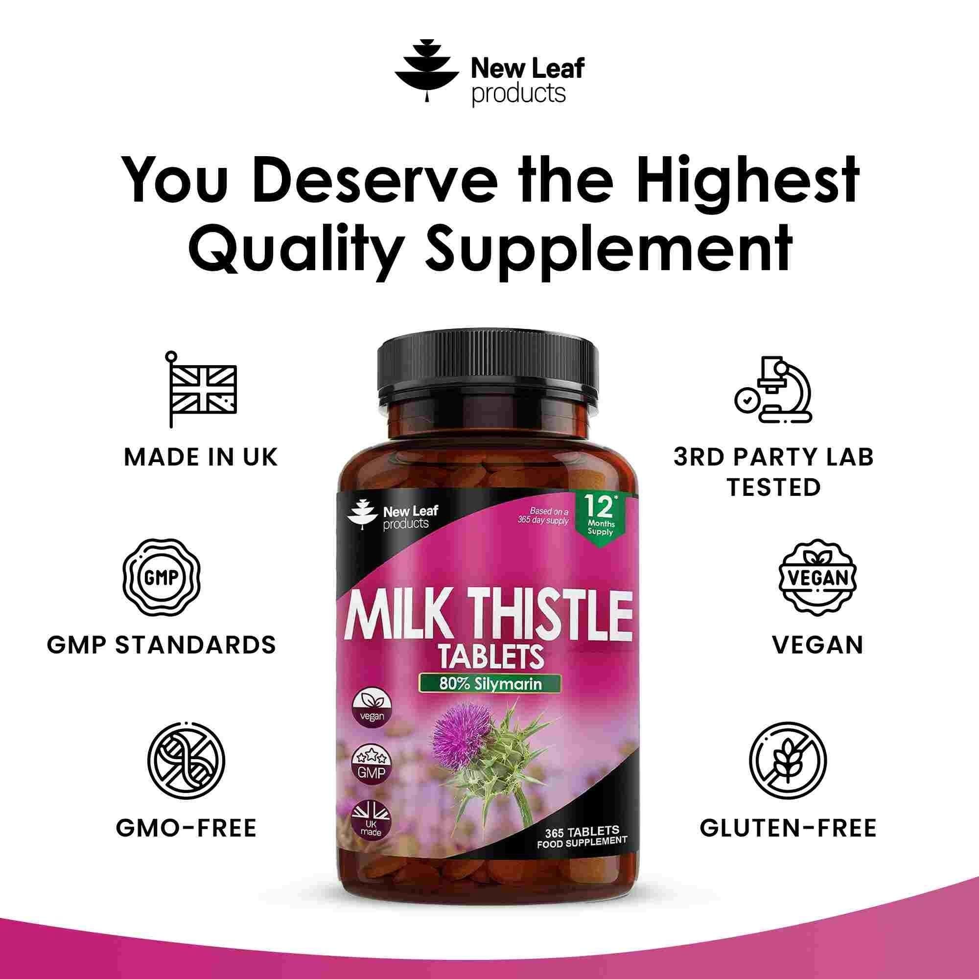 New leaf health Milk Thistle Tablets - 80% Silymarin High Strength – Value Pack 365 Tablets One A Day Milk Thistle Supplements - Vegan, GMO-Free, Gluten-Free, Made in The UK, Food Supplement image 4