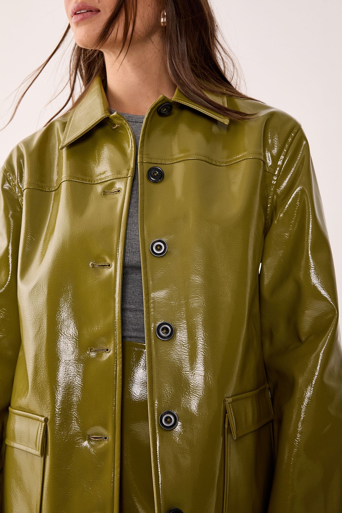 NastyGal Vinyl High Clean Longline Jacket Olive image 3