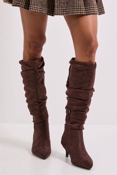 Dorothy Perkins Khloe Faux Suede Kitten Heel Knee High Ruched Boots Brown