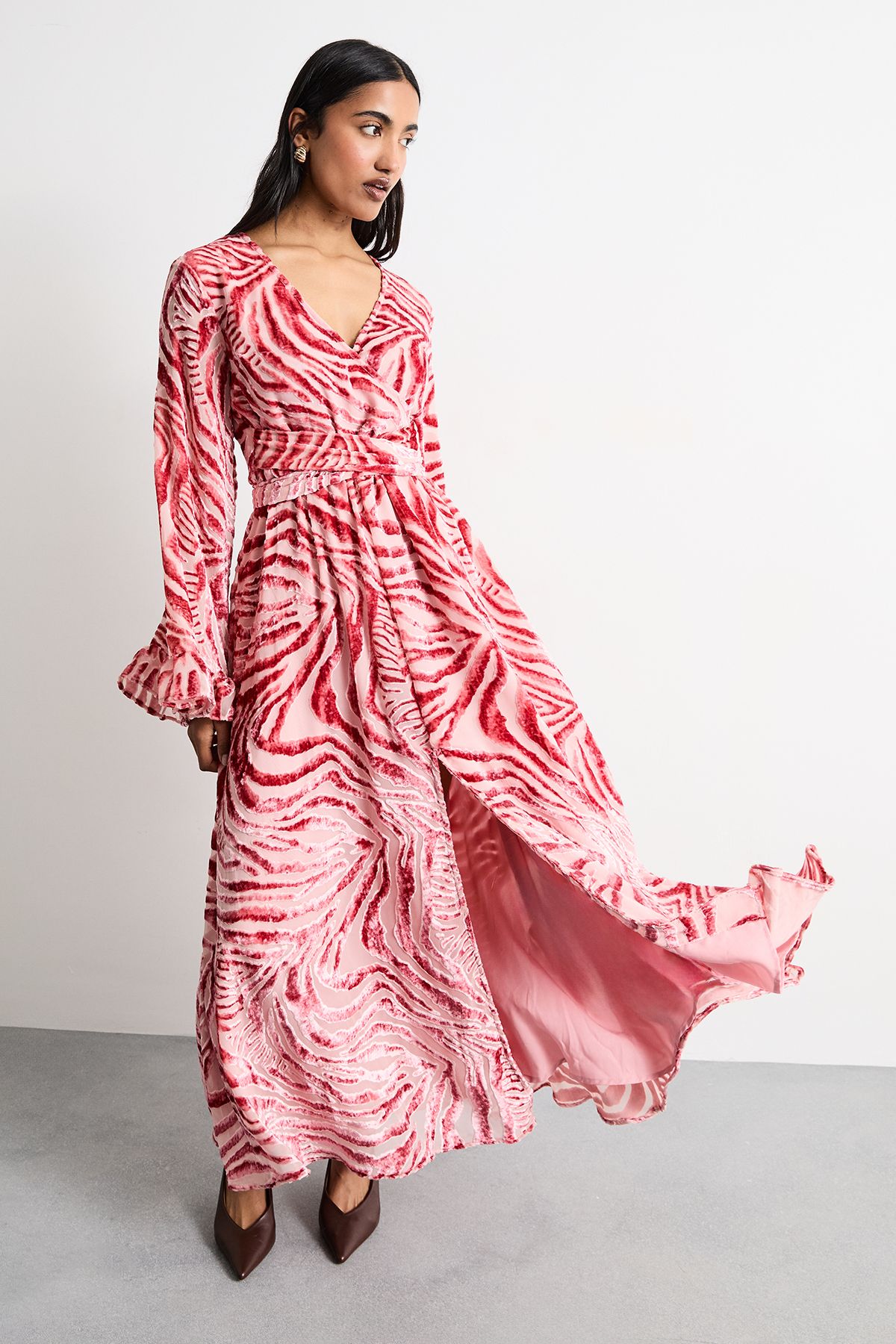 Warehouse Burnout Velvet Plunge Neck Flared Sleeve Belted Maxi Dress Red