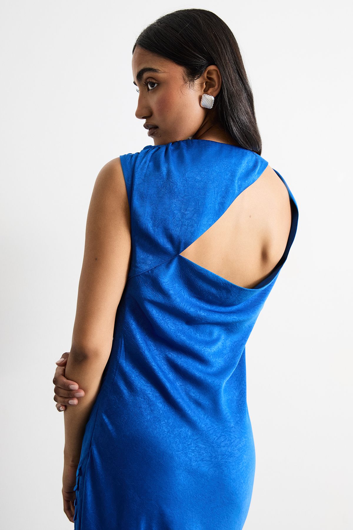 Warehouse Cowl Bias Satin Dress With Button Detail Cobalt image 4