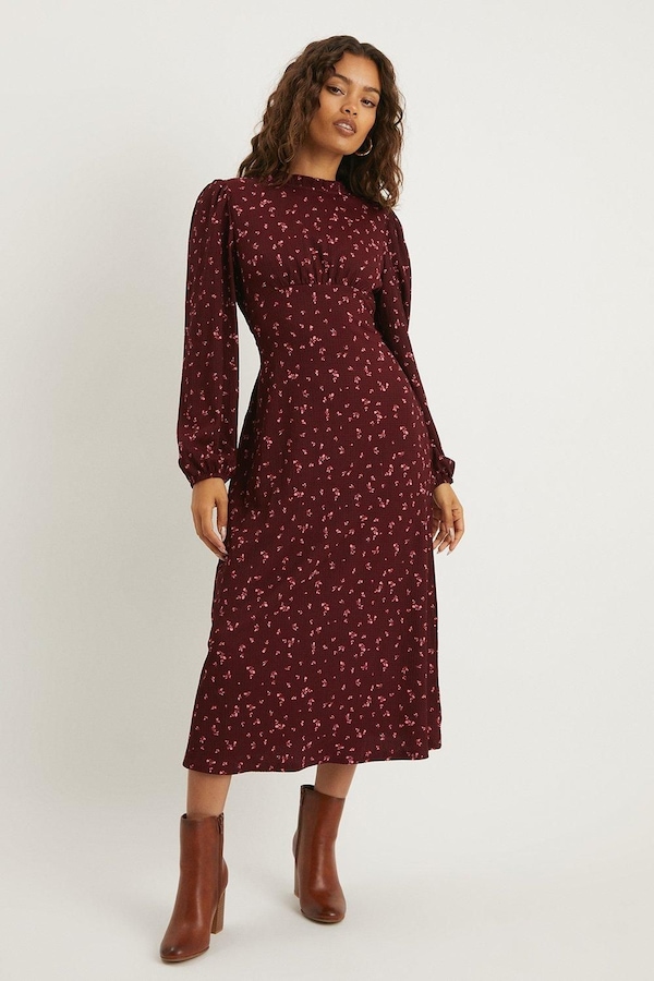 Dorothy Perkins Petite Berry Ditsy Frill Neck Midi Dress Berry