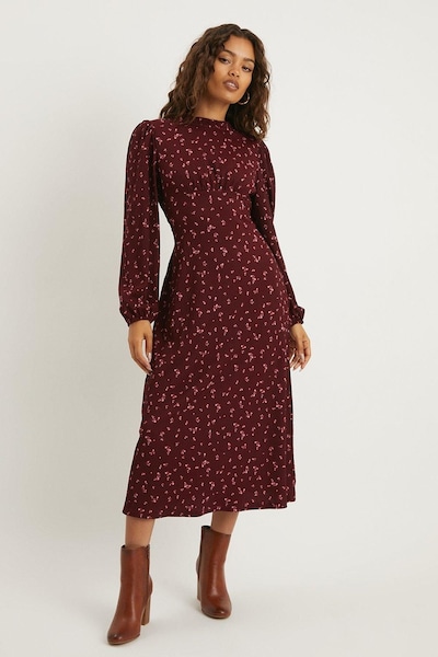 Dorothy Perkins Petite Berry Ditsy Frill Neck Midi Dress Berry