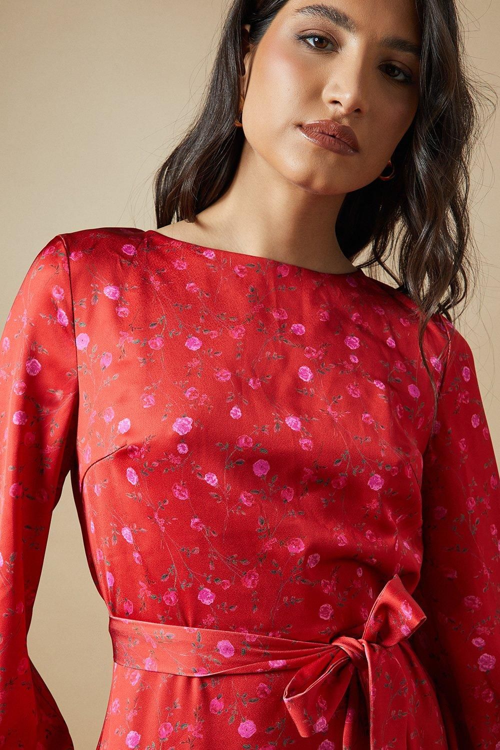 Oasis Occasion Floral Satin Cowl Mini Dress Red image 2