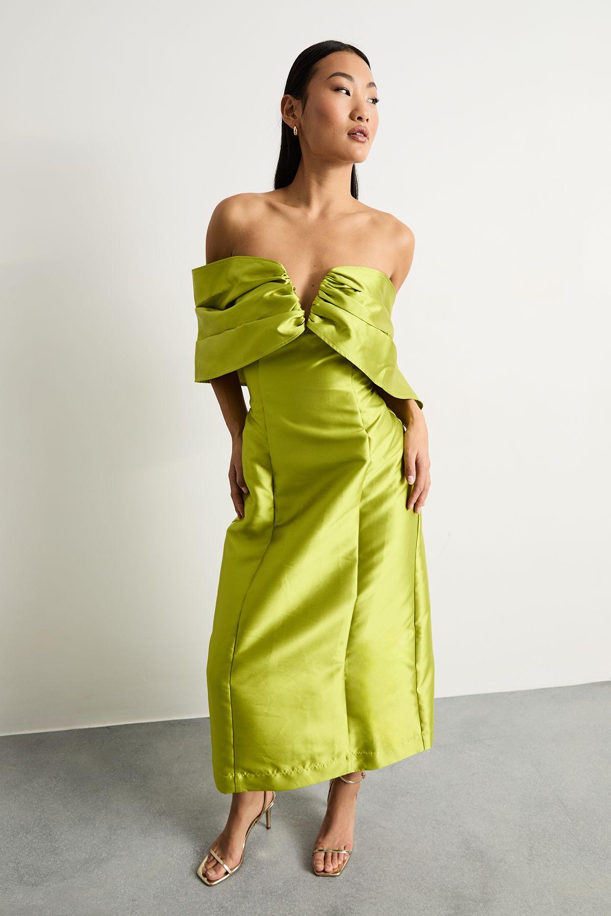 Warehouse Petite Satin Twill Notch Front Bardot Midi Dress Chartreuse image 1