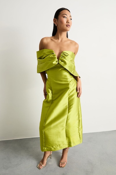 Warehouse Petite Satin Twill Notch Front Bardot Midi Dress Chartreuse