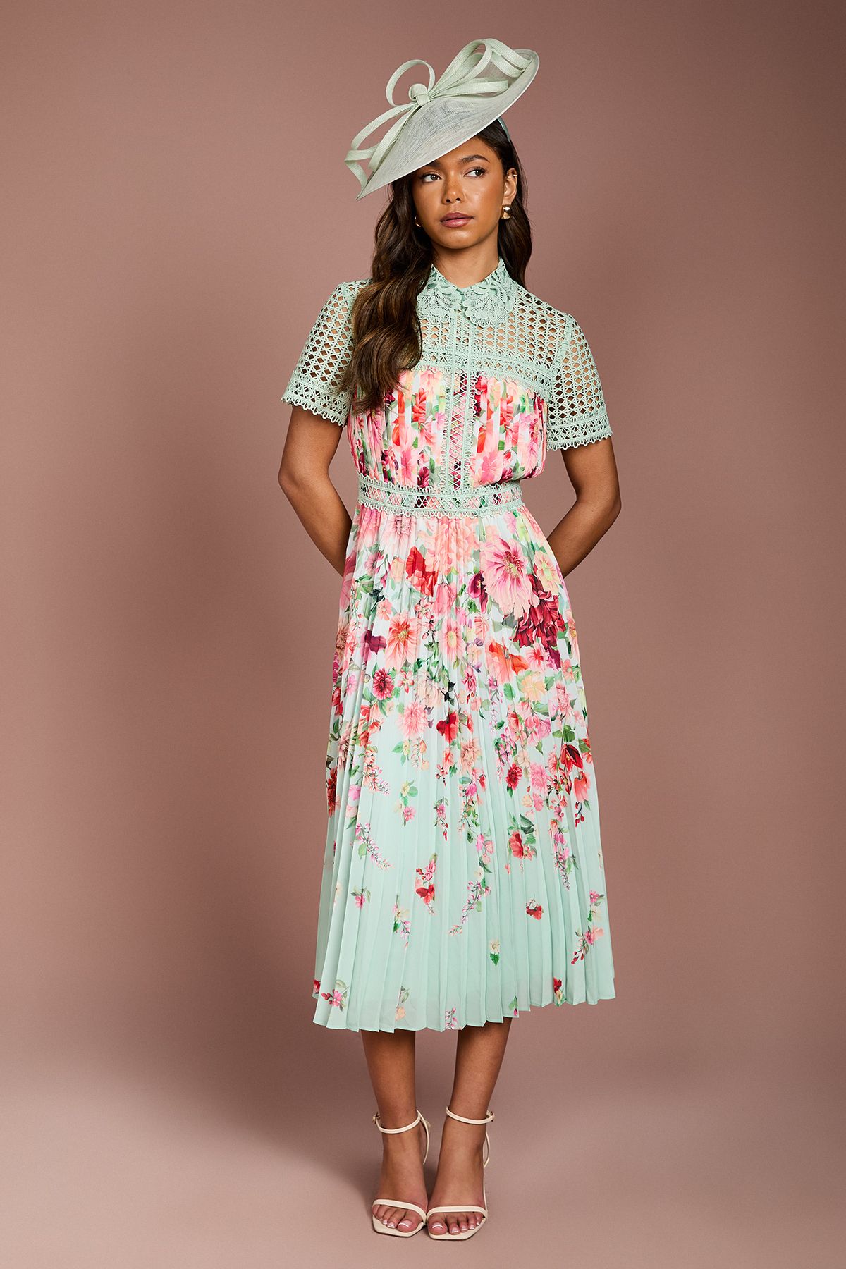 Coast Lisa Tan Lace Pleated Printed Midi Dress Sage