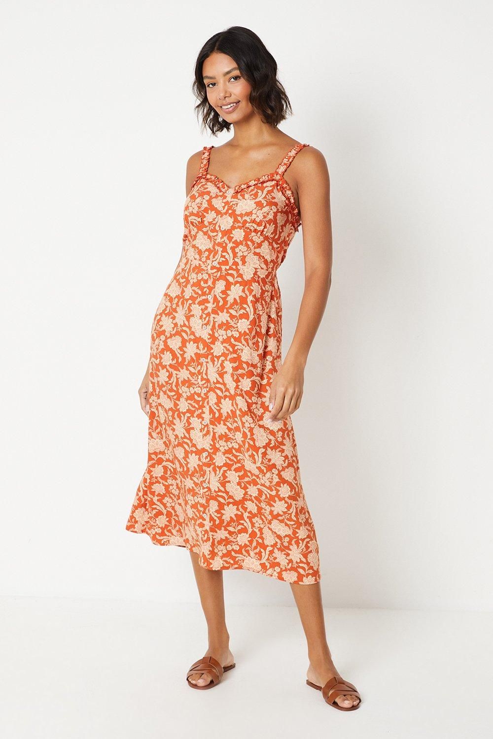 Dorothy Perkins Floral Button Through Frill Neckline Midi Dress Rust image 1