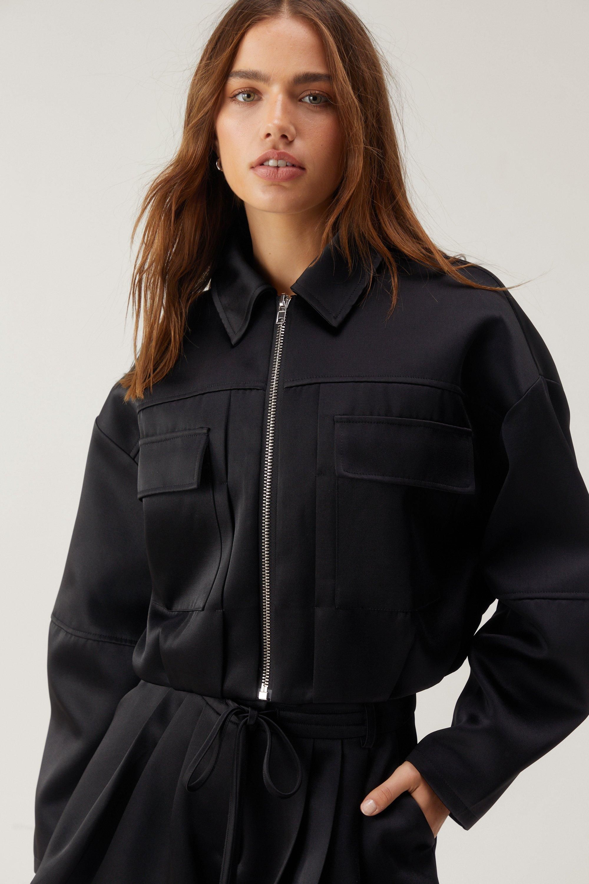 NastyGal Premium Satin Tailored Structured Sleeve Cropped Bomber Jacket Black image 2