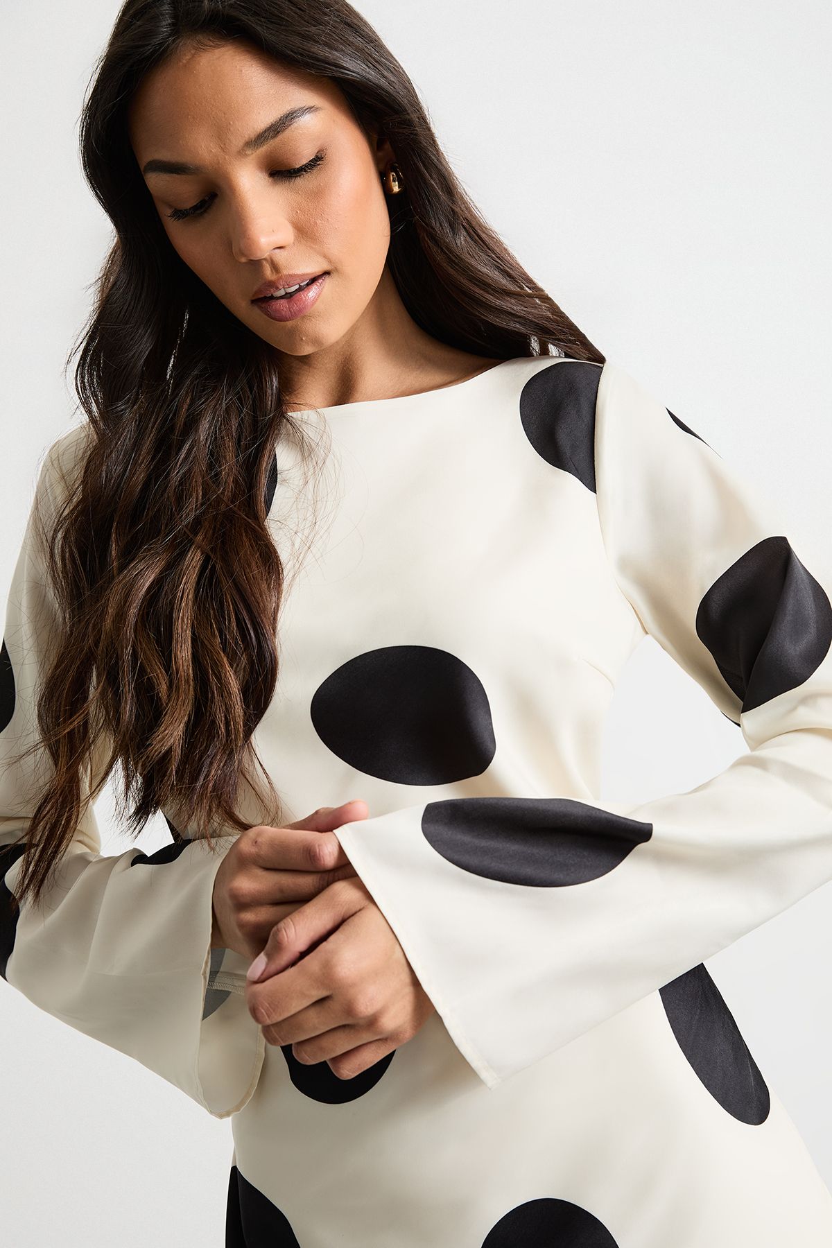 Warehouse Polka Dot Scoop Back Long Sleeve Maxi Dress Ivory image 4