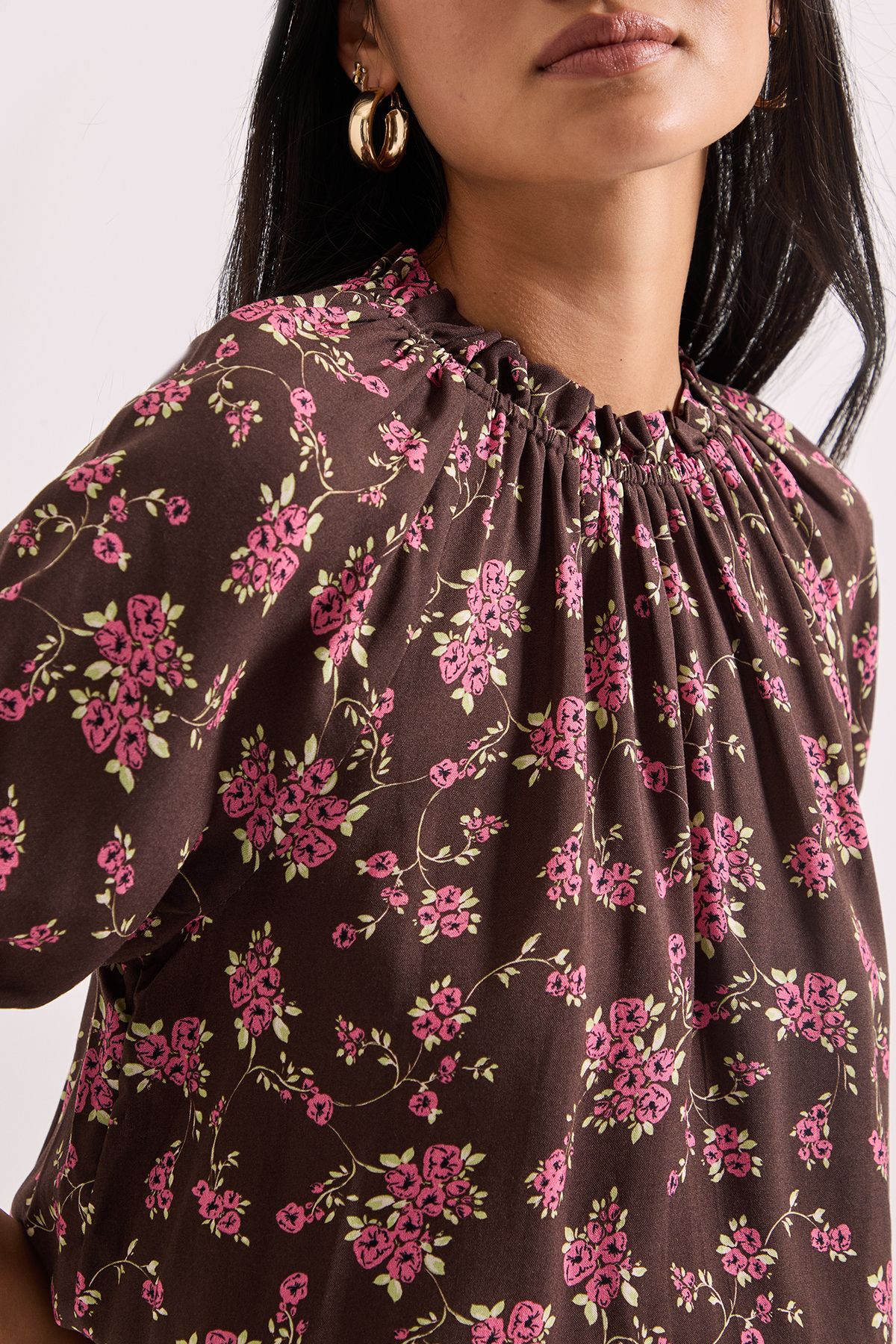 Dorothy Perkins Petite Frill Neck Shirred Cuff Blouse Chocolate image 4