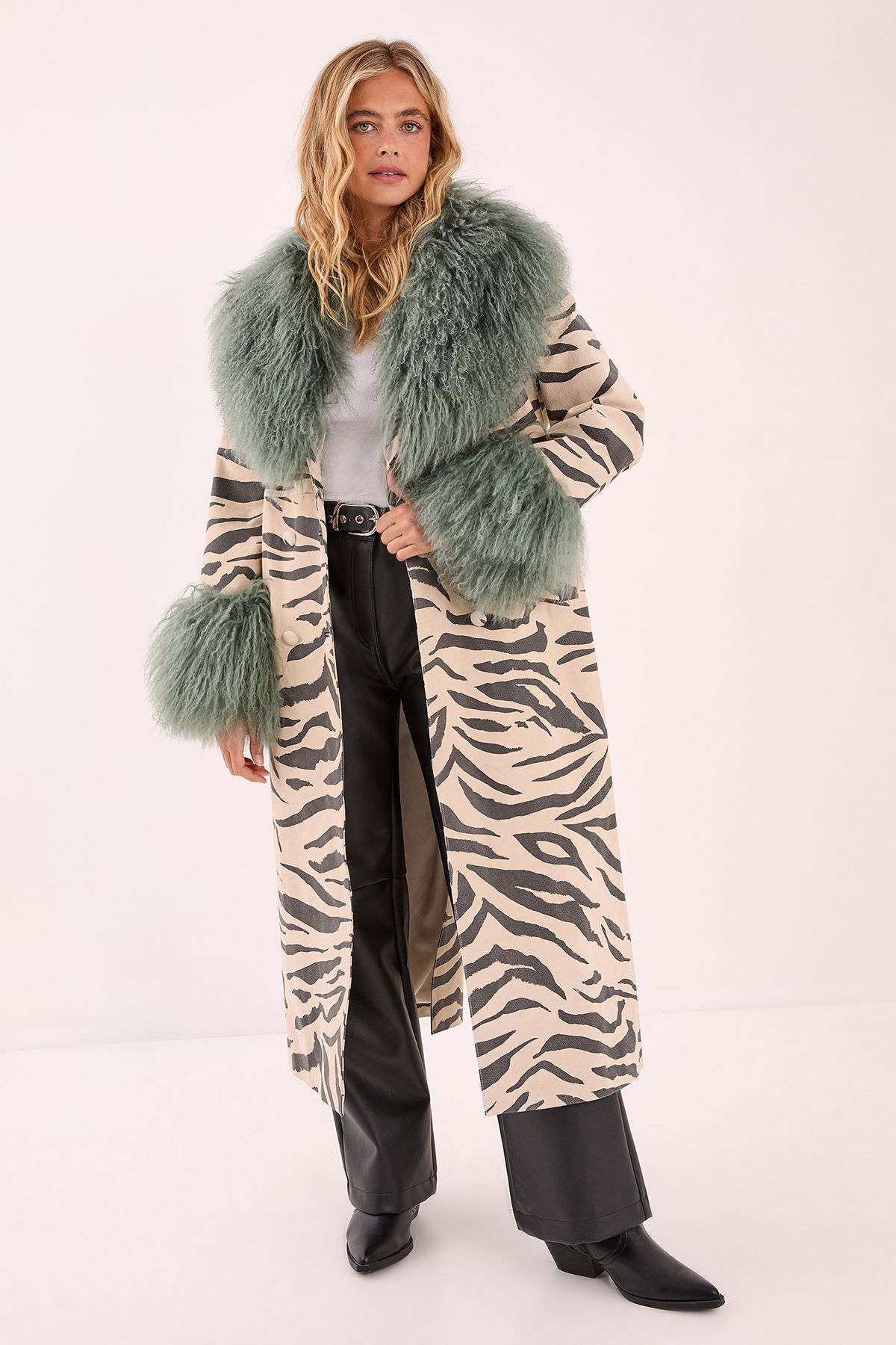 NastyGal Premium Mono Zebra Real Suede Shearling Maxi Coat Mono image 1