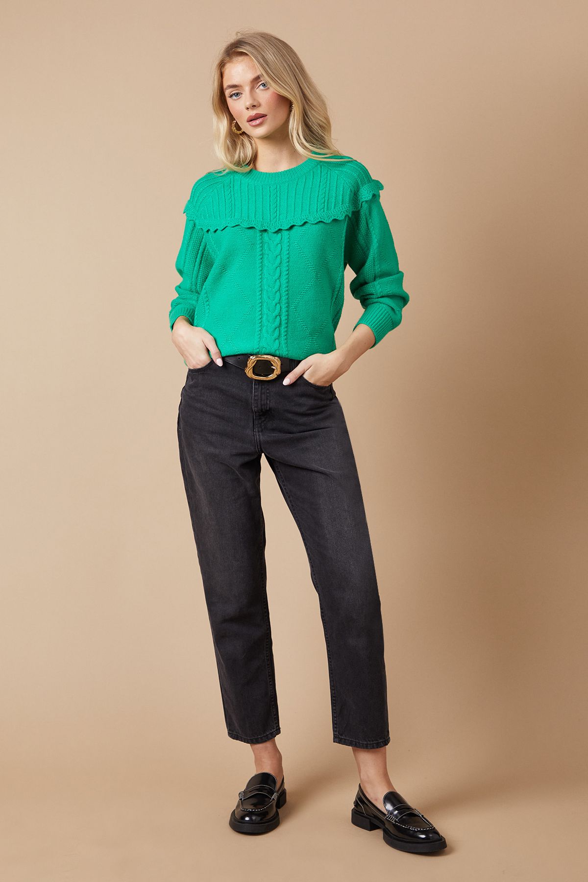 Oasis Cable Knitted Crochet Trim Detail Jumper Green image 2