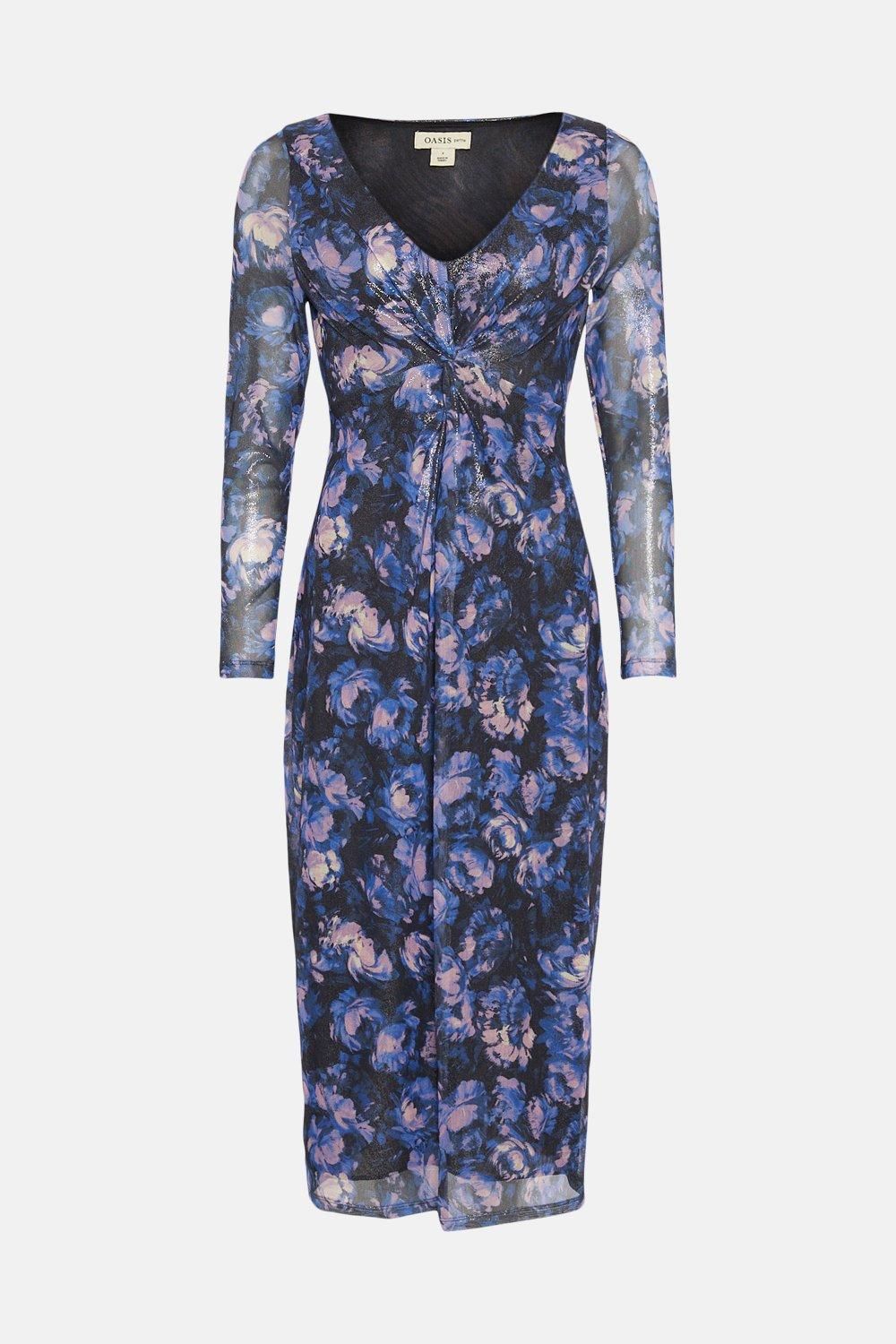 Oasis Petite Glitter Floral Mesh Knot Front Midi Dress Multi image 4