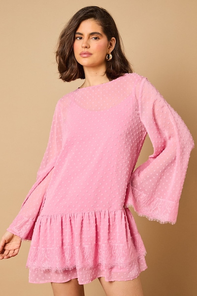 Oasis Bell Sleeve Tiered Mini Dress Dusty Rose