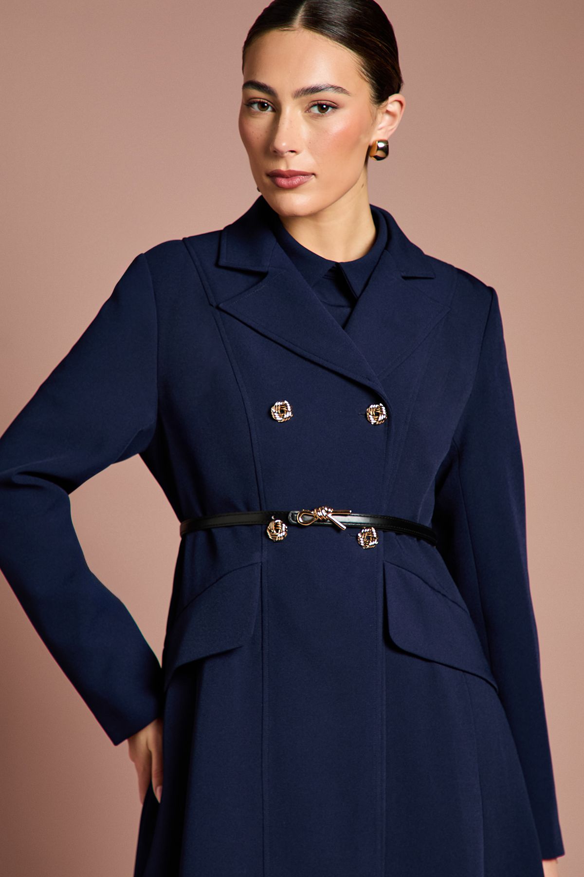 Coast Lisa Tan Tailored Crepe Belted Coat Navy image 4