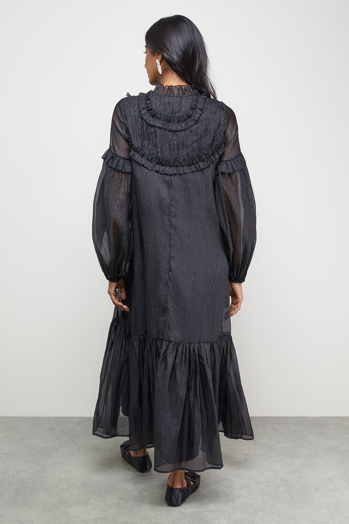 Warehouse Premium Crinkle Stripe Organza Frill Pleat Detail Midi Dress Black image 3
