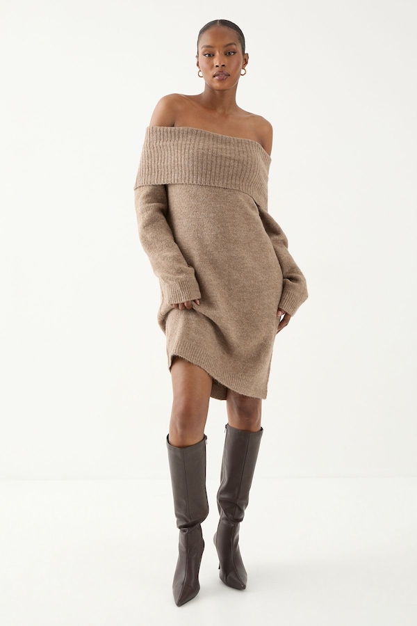 MissPap Premium Knit Bardot Foldover Jumper Dress Mocha