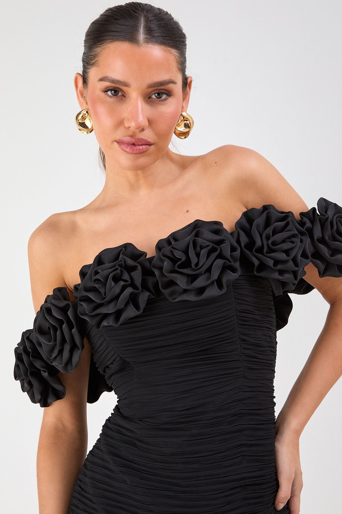 MissPap Premium Ruffle Floral Bardot Mini Dress Black image 3