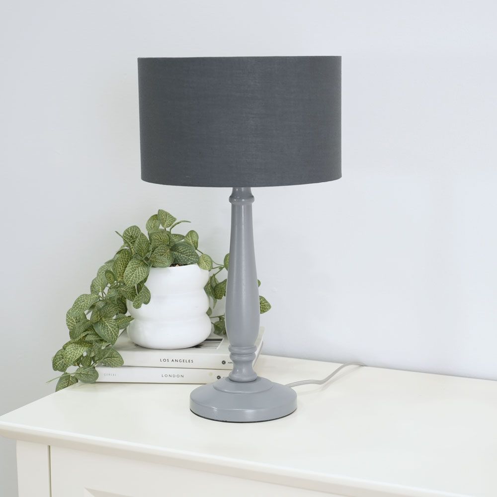 ValueLights Victoria Grey Wood Traditional Table Lamp with Fabric Drum Shade image 3