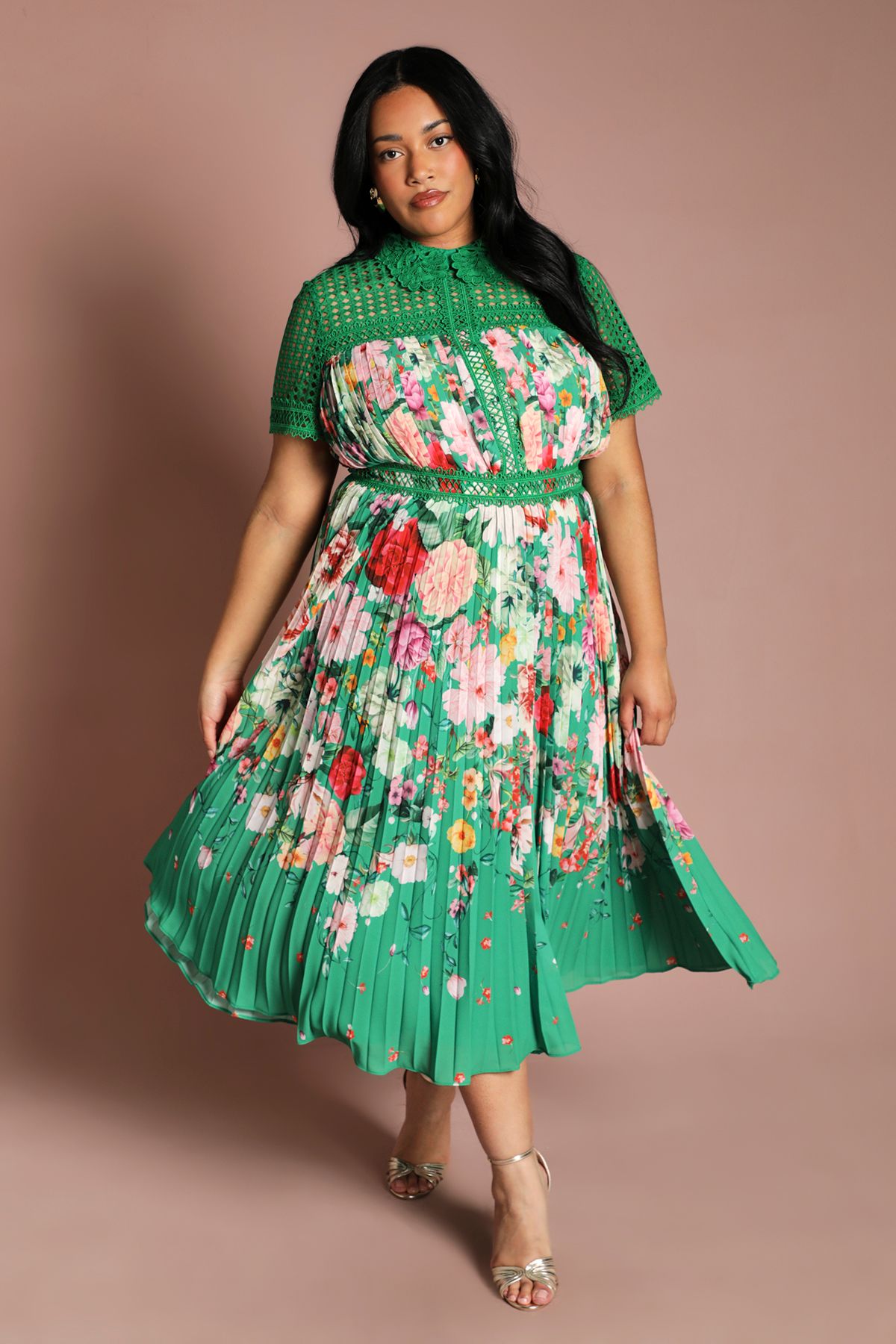 Coast Plus Lace Pleated Placement Print Midi Dress Green