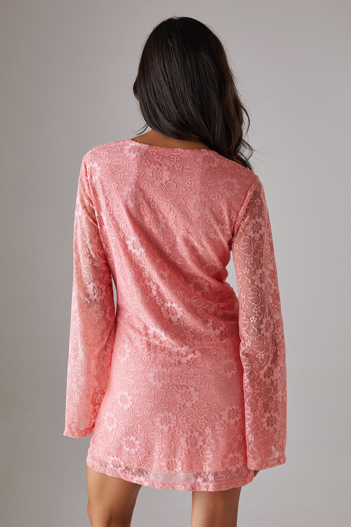 Warehouse Lace Tie Front Flare Sleeve Mini Dress Pink image 3