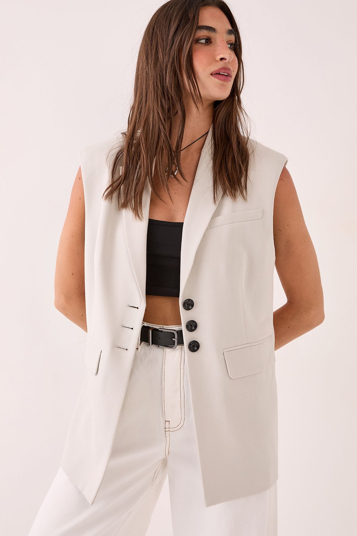 NastyGal Tailored Sleeveless Button Front Blazer Ecru image 2