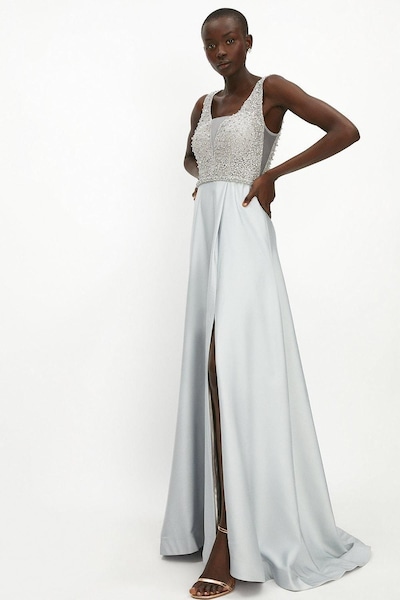 Coast Beaded Satin Maxi Dress Silver