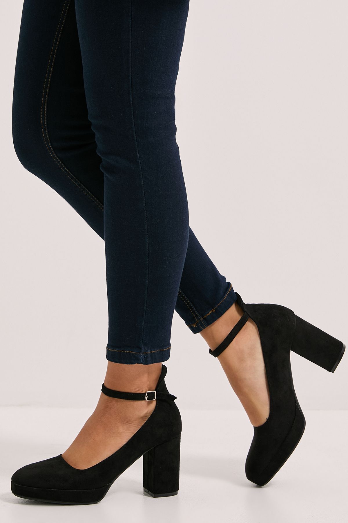 Dorothy Perkins Vanessa Faux Suede Platform Ankle Strap High Block Heel Court Shoes Natural Black image 4