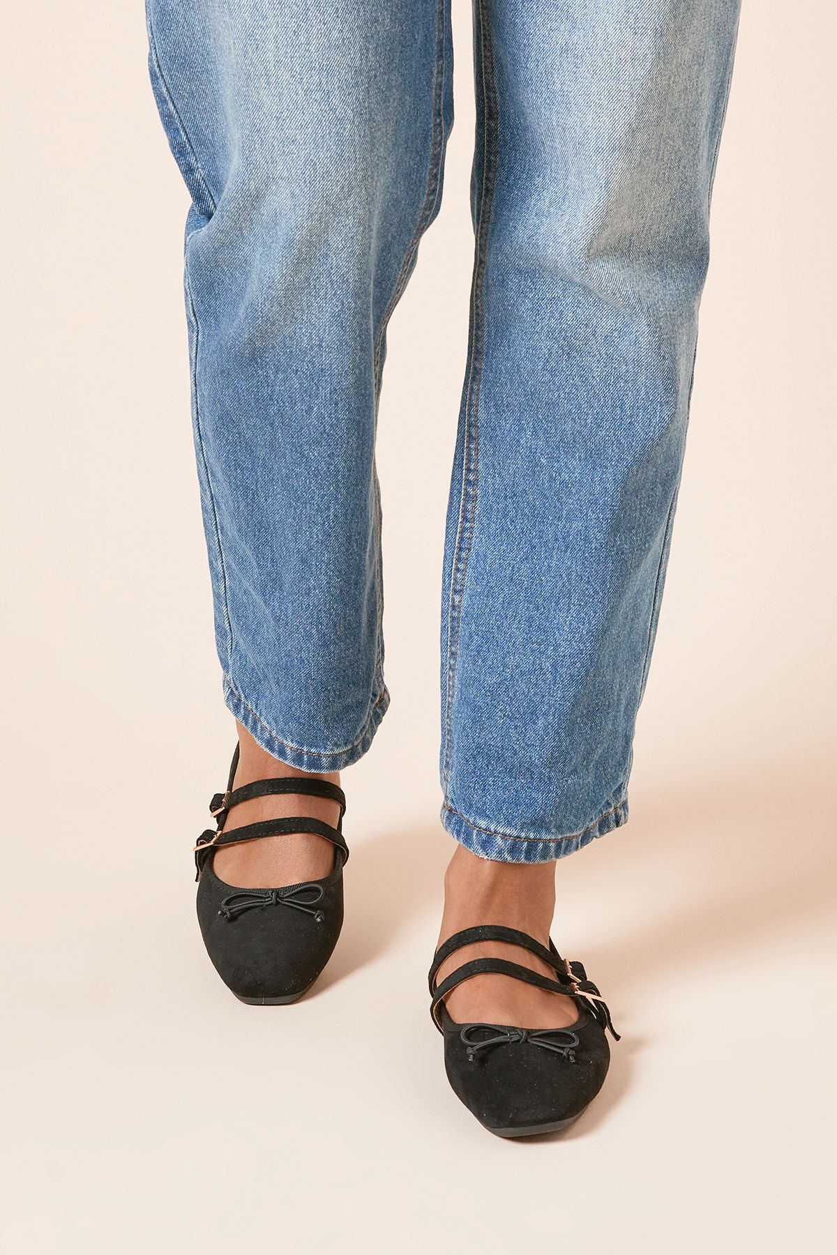 Dorothy Perkins Margaret Faux Suede Cross Strap Mary Jane Flat Ballet Pumps Natural Black image 3