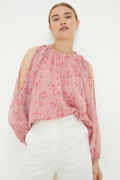 Dorothy Perkins Ditsy Chiffon Open Shoulder Blouse Pink