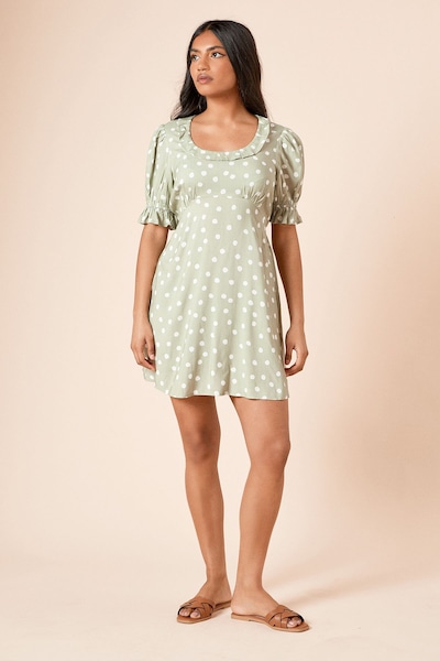 Dorothy Perkins Petite Green Spot Frill Neckline Tie Back Mini Dress Green