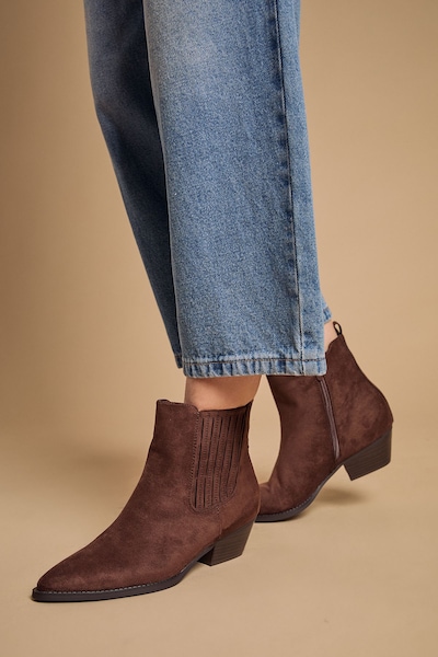 Oasis Debbie Faux Suede Covered Gusset Western Ankle Boots Chocolate