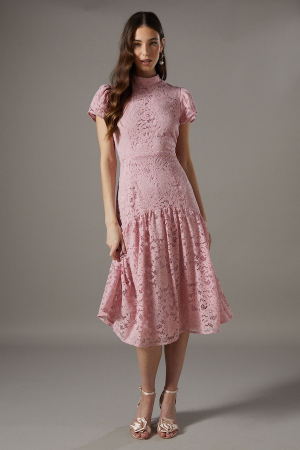 Coast Lace Frill Sleeve High Neck Midi Dress Blush