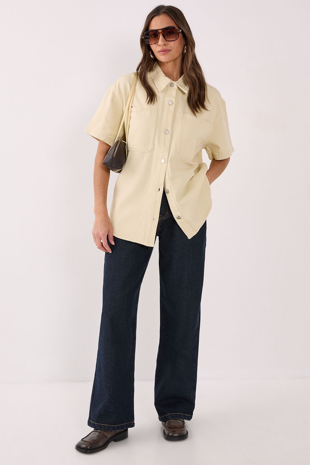 NastyGal Denim Short Sleeve Oversized Shirt Ecru image 1