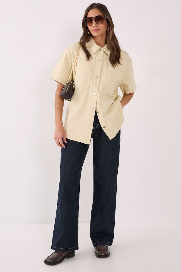 NastyGal Denim Short Sleeve Oversized Shirt Ecru