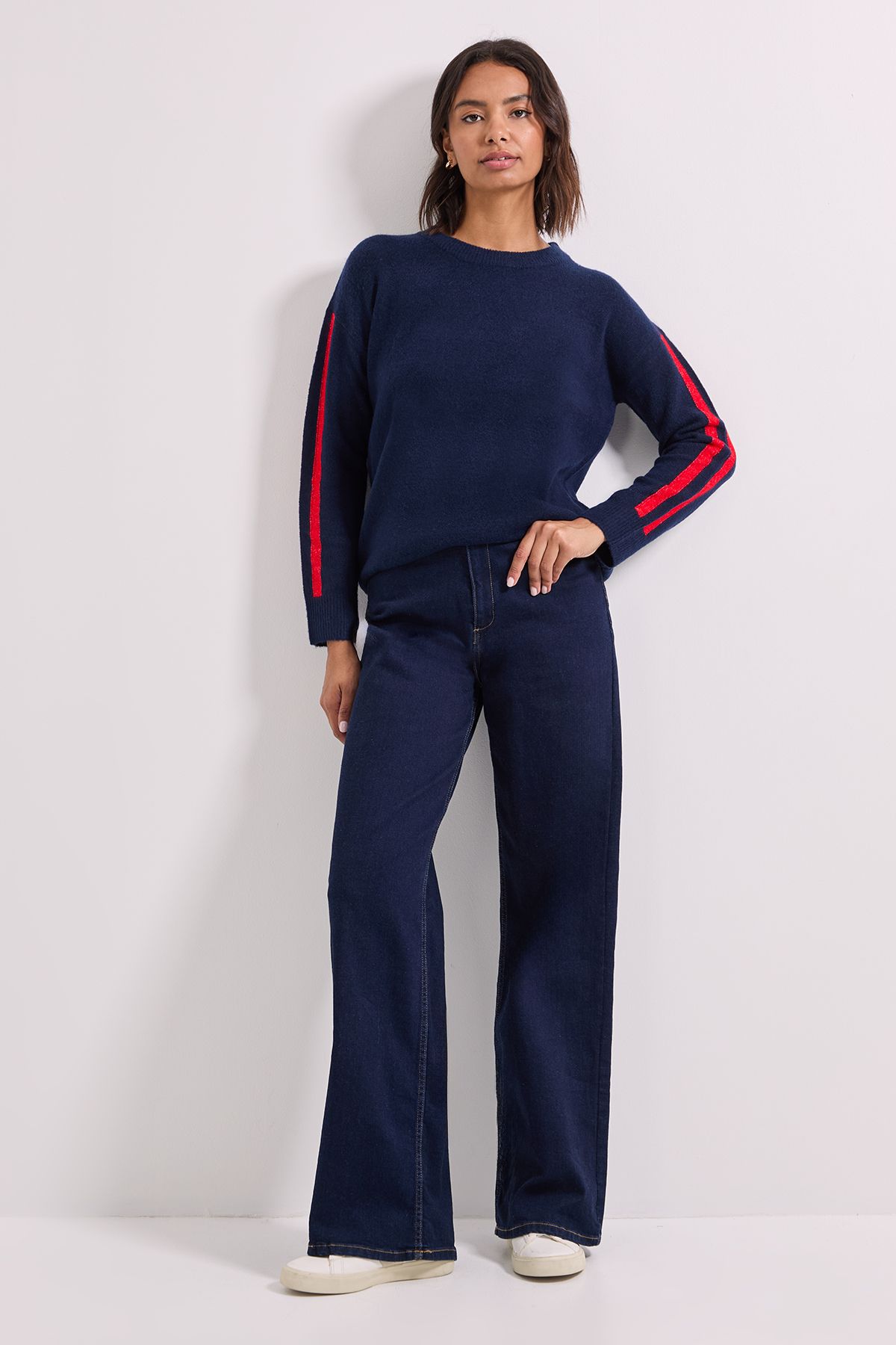 Dorothy Perkins Stripe Sleeve Crew Neck Jumper Navy image 2